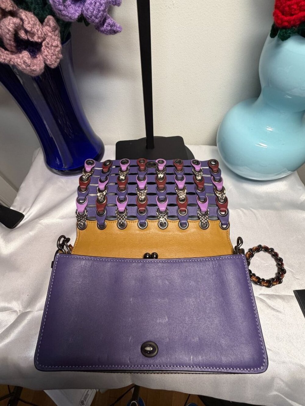 Coach Woven Leather Crossbody Bag With Chain Strap & Colorful Detailing - Purple - Picture 5 of 8